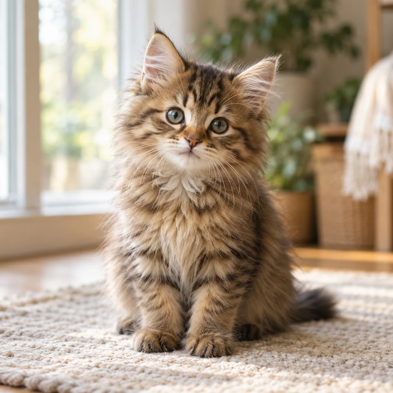A fluffy brown tabby kitten beside a sunlit window