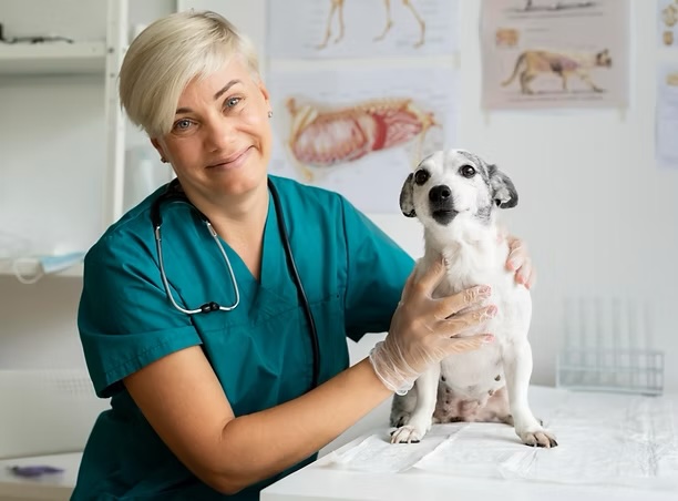 Smiling veterinarian in scrubs gently examining a senior spotted dog on an exam table in Irvine